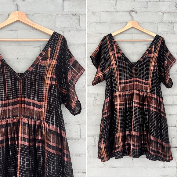 Free People Black and Metallic Bronze Plaid Mini Dress - Picture 6 of 8